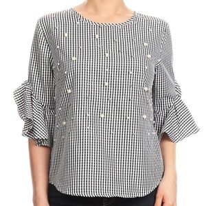 Gingham Plaid Blouse with Beading in Black